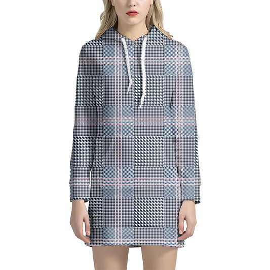 Navy And White Glen Plaid Print Hoodie Dress