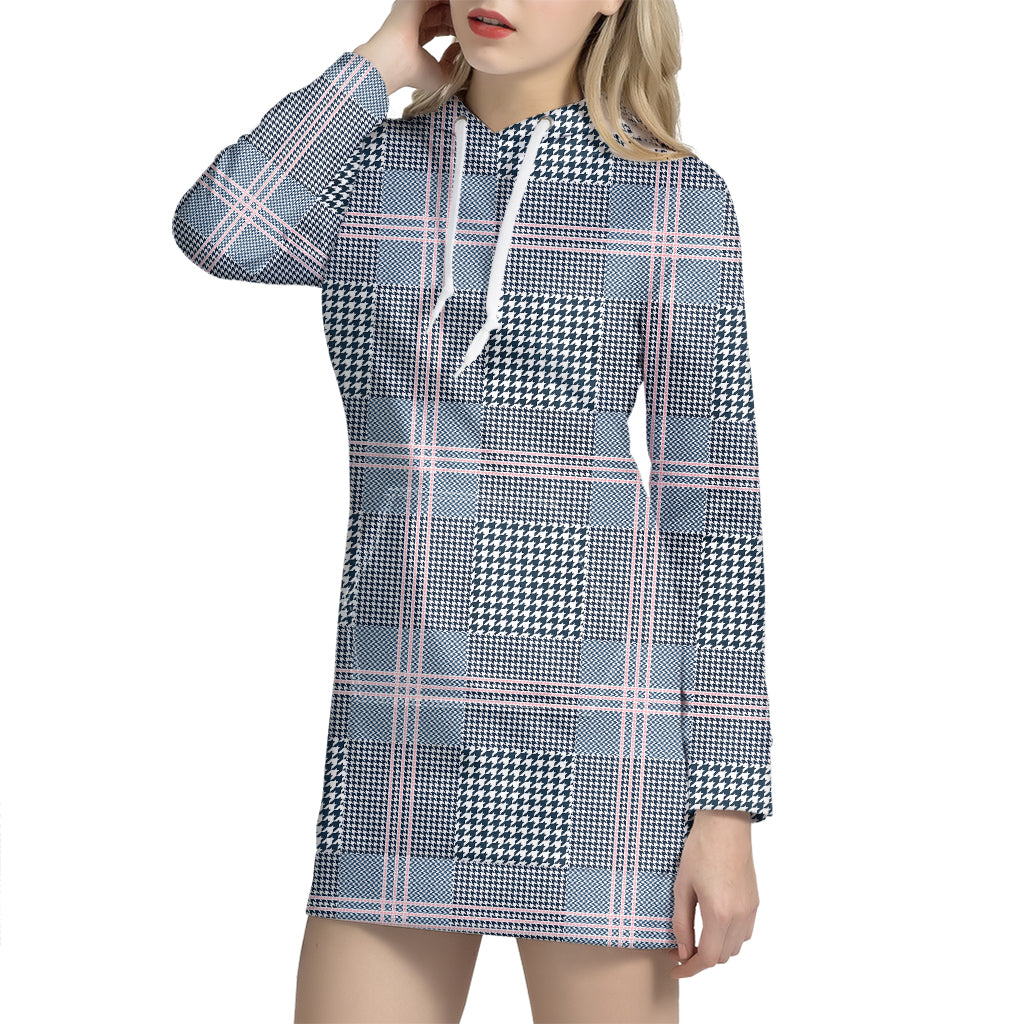 Navy And White Glen Plaid Print Hoodie Dress