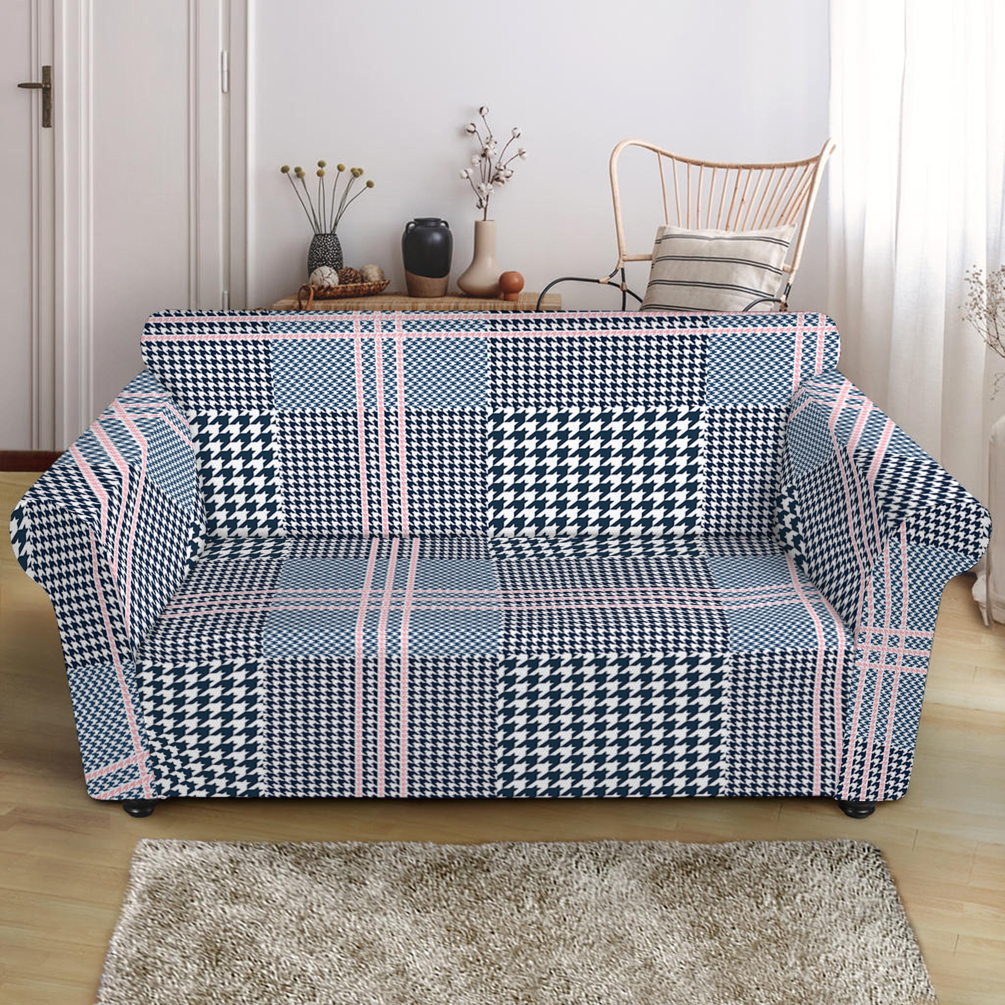 Navy And White Glen Plaid Print Loveseat Slipcover