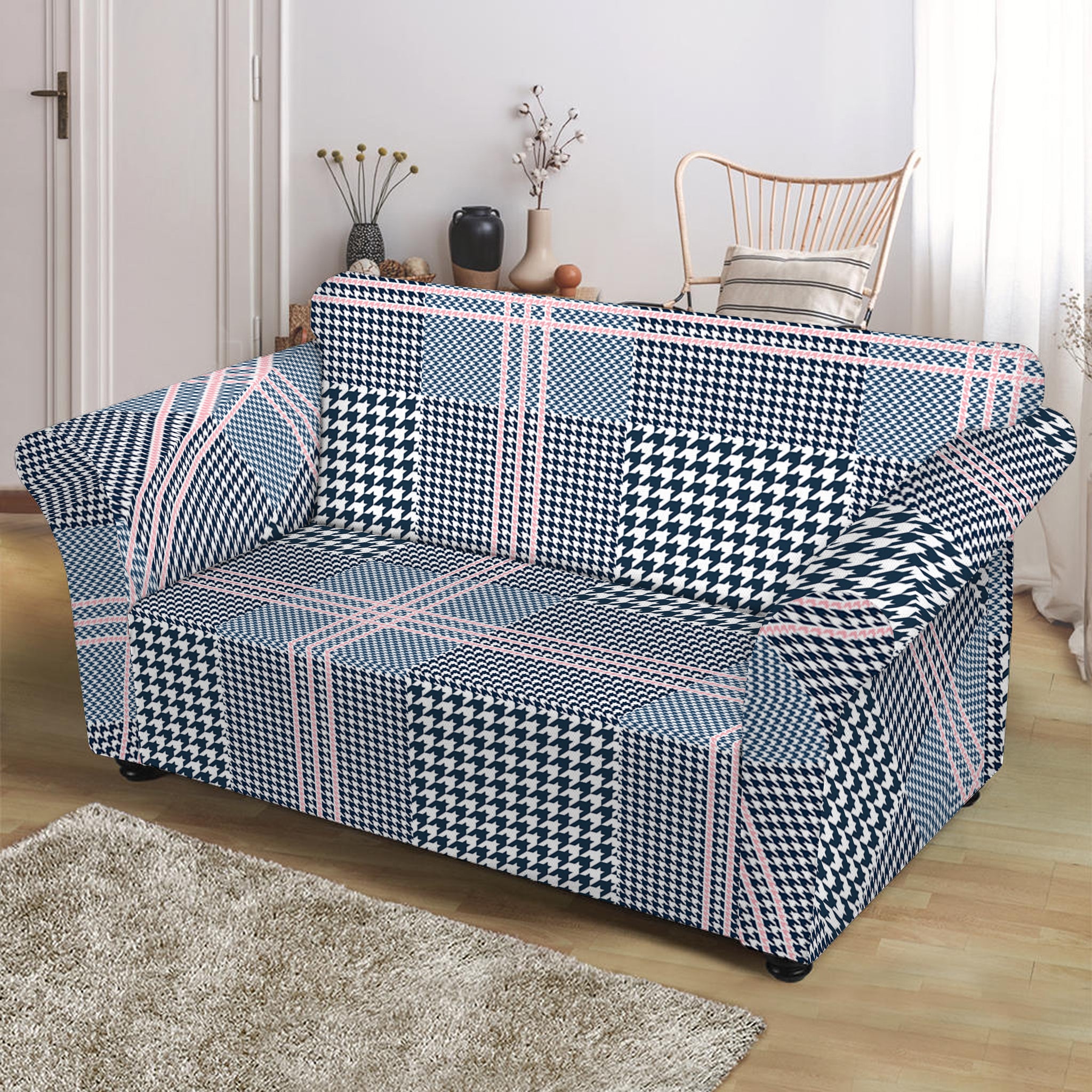 Navy And White Glen Plaid Print Loveseat Slipcover