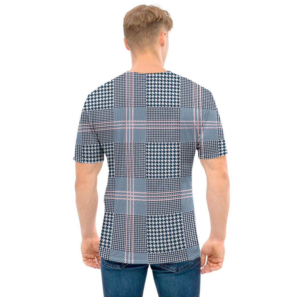 Navy And White Glen Plaid Print Men's T-Shirt