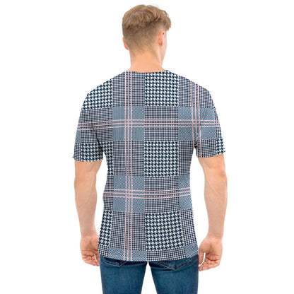 Navy And White Glen Plaid Print Men's T-Shirt