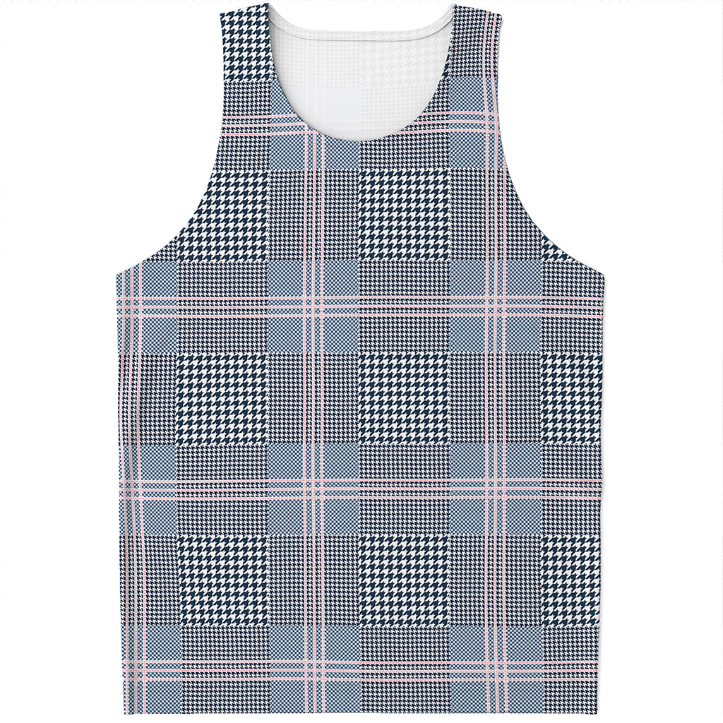 Navy And White Glen Plaid Print Men's Tank Top