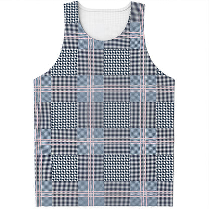 Navy And White Glen Plaid Print Men's Tank Top