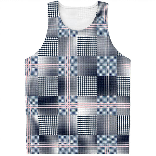 Navy And White Glen Plaid Print Men's Tank Top
