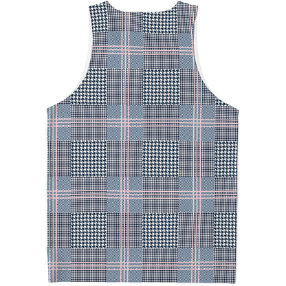 Navy And White Glen Plaid Print Men's Tank Top