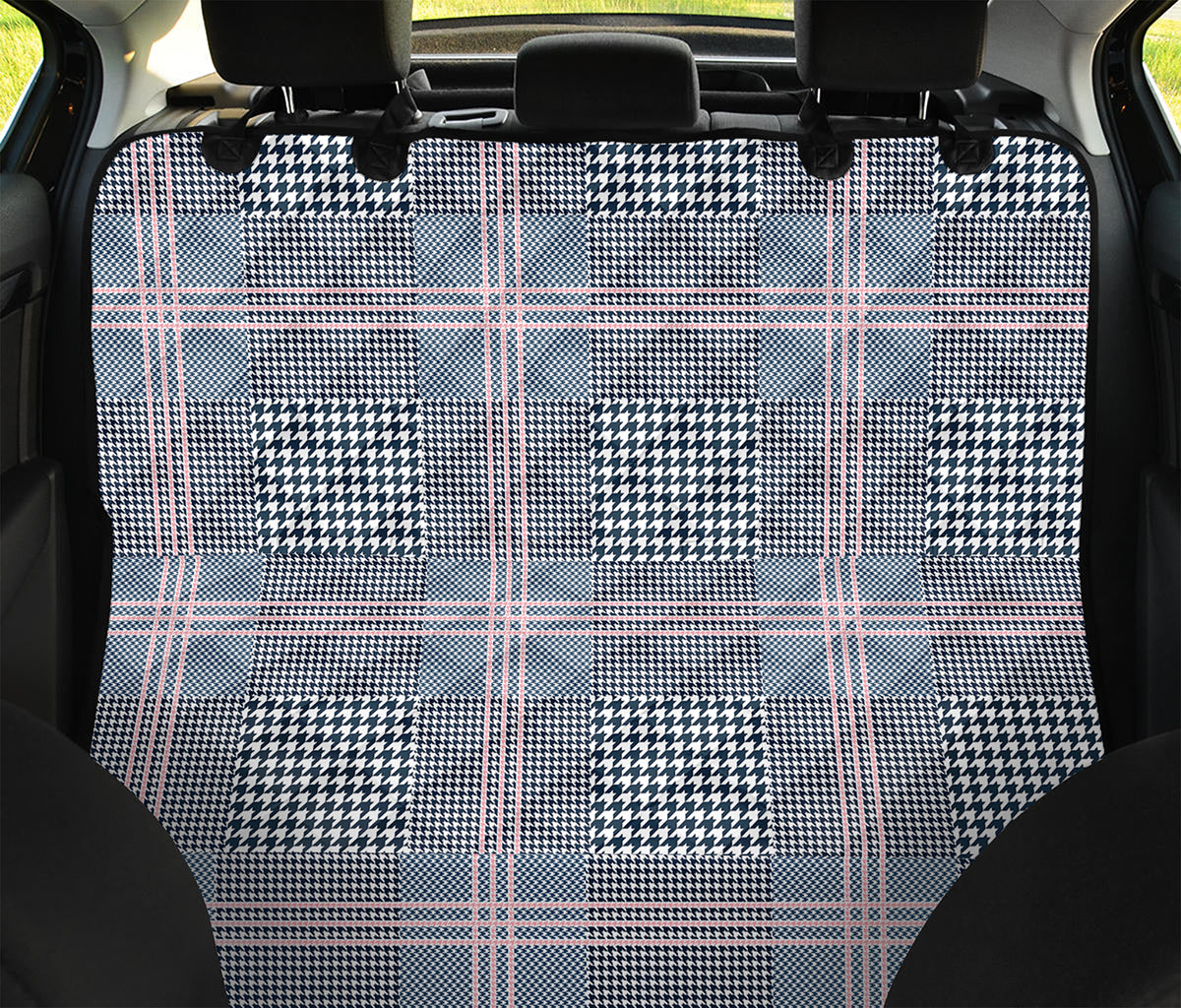 Navy And White Glen Plaid Print Pet Car Back Seat Cover