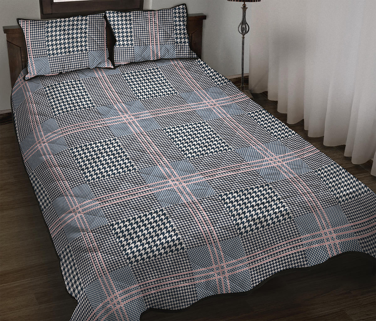 Navy And White Glen Plaid Print Quilt Bed Set