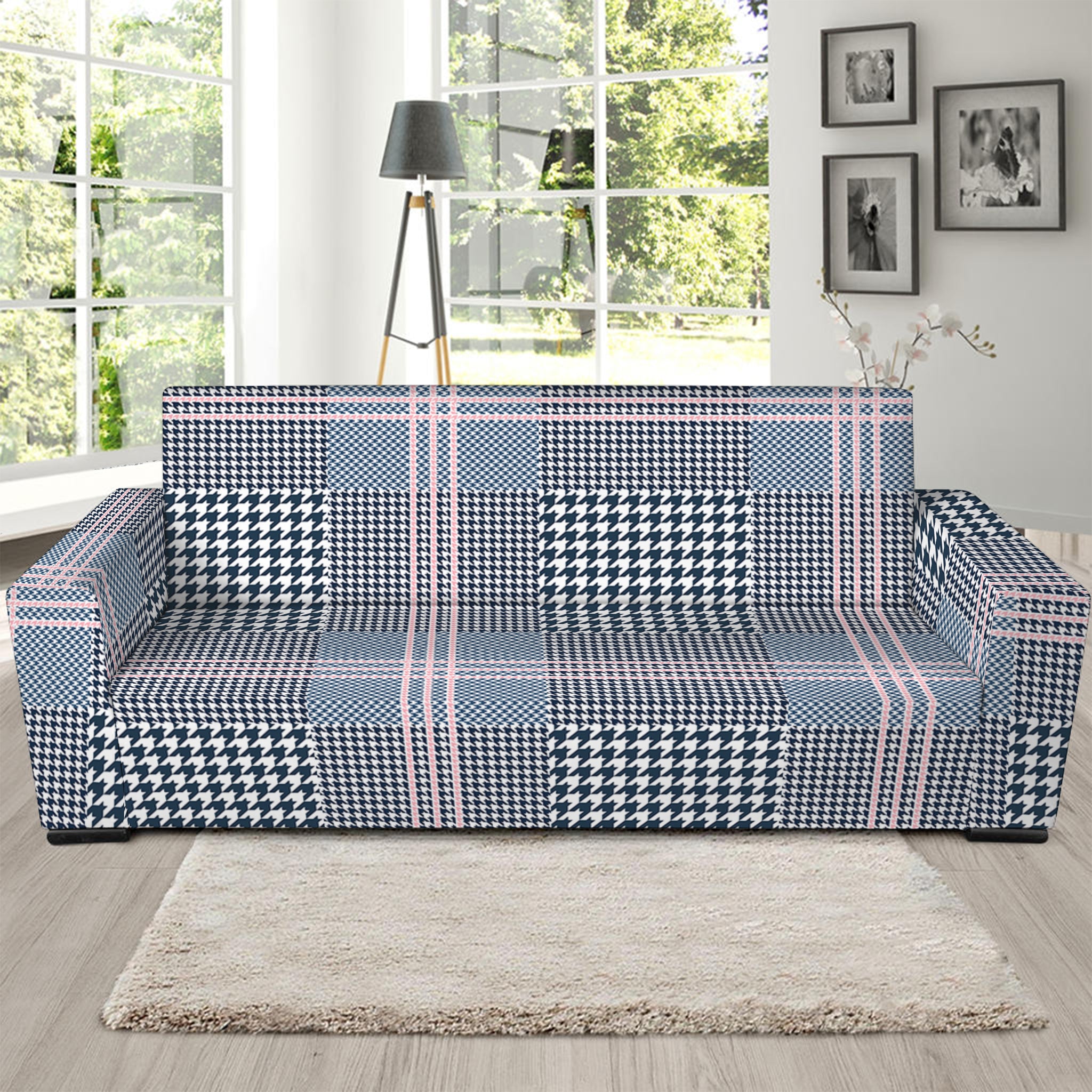 Navy And White Glen Plaid Print Sofa Slipcover