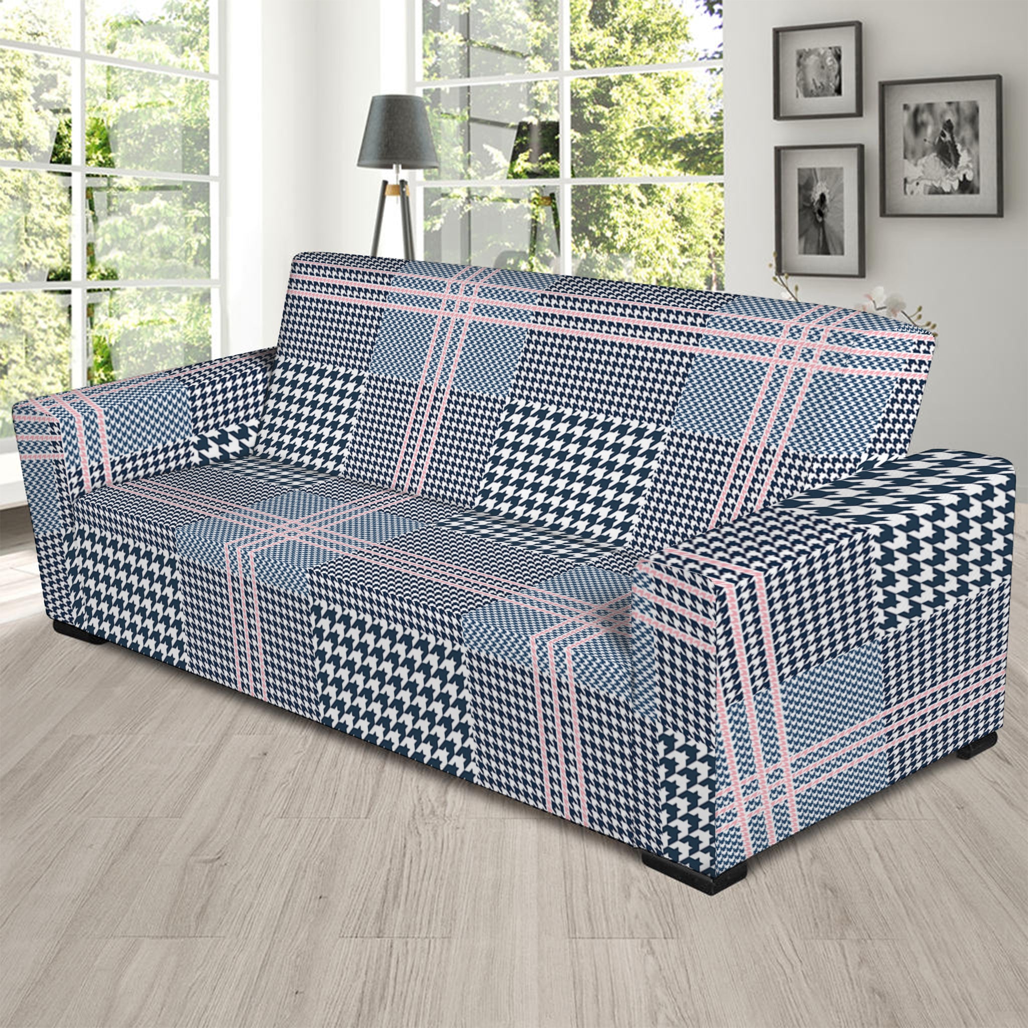 Navy And White Glen Plaid Print Sofa Slipcover