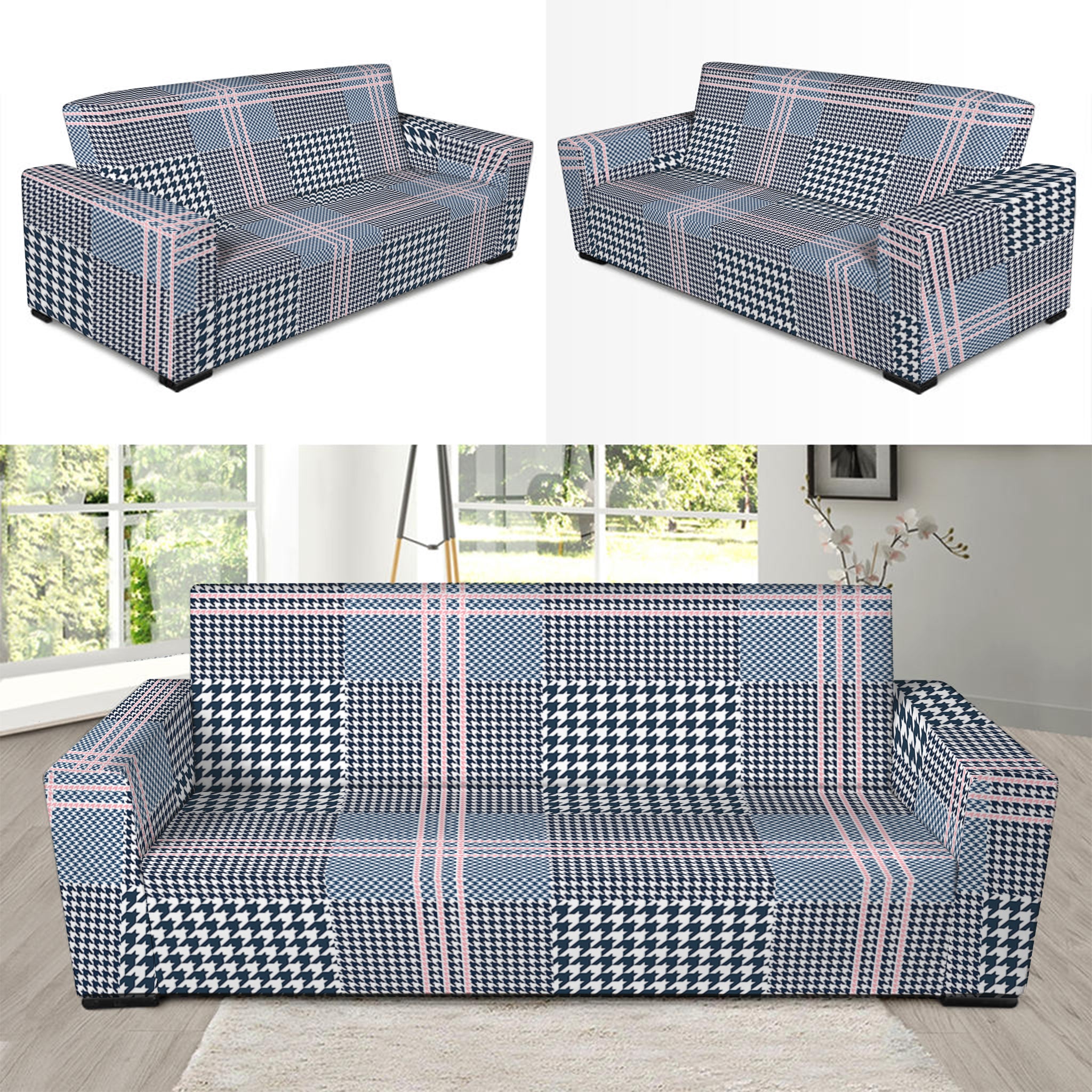 Navy And White Glen Plaid Print Sofa Slipcover