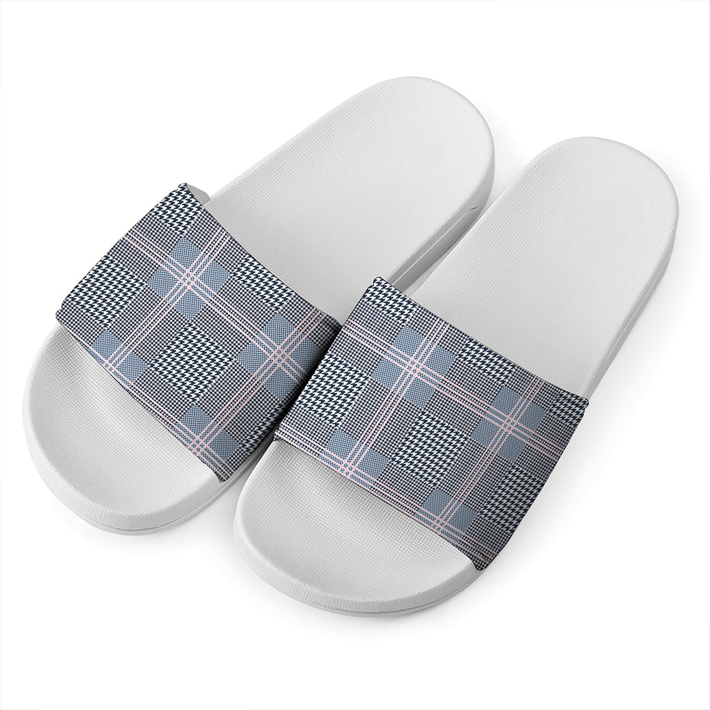 Navy And White Glen Plaid Print White Slide Sandals