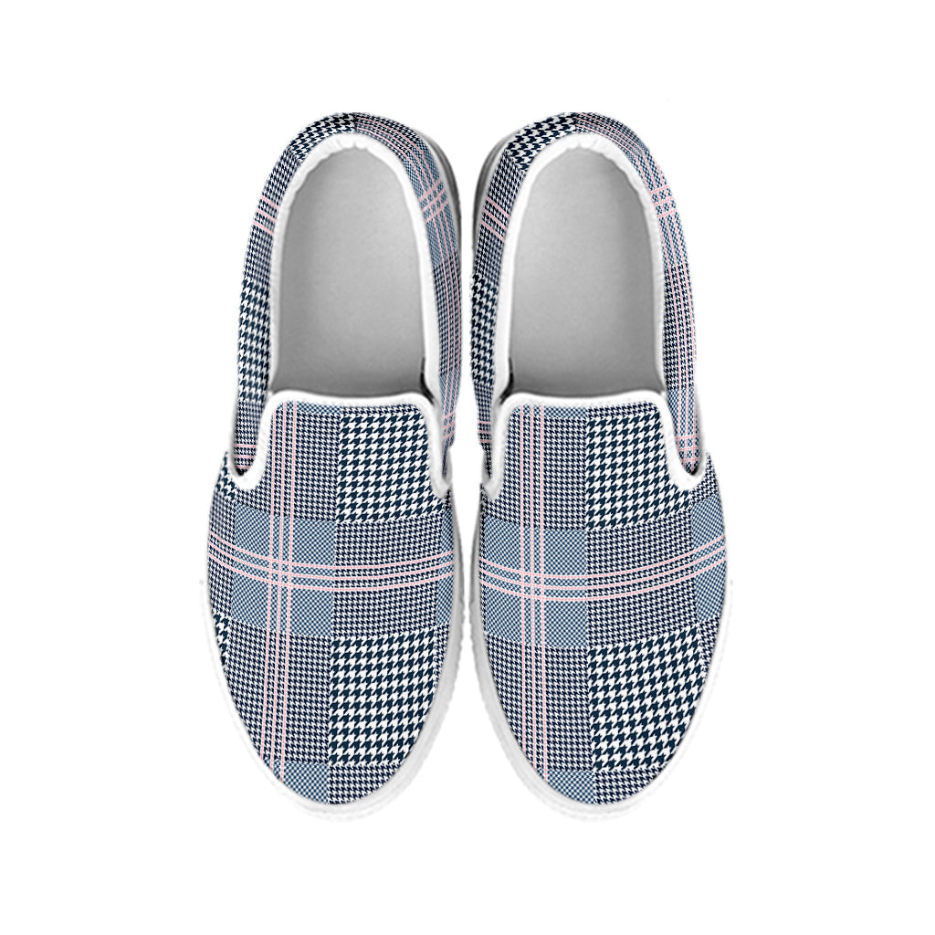 Navy And White Glen Plaid Print White Slip On Shoes