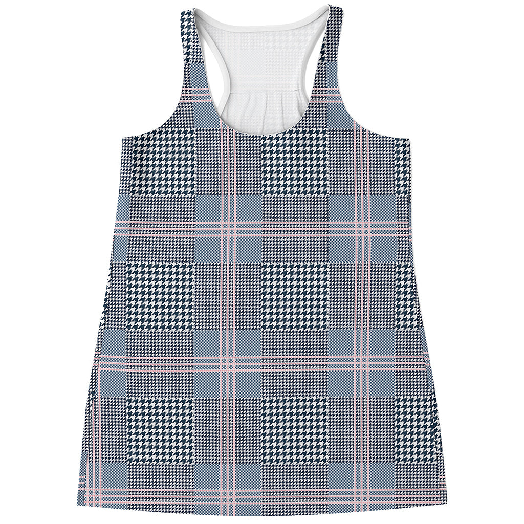 Navy And White Glen Plaid Print Women's Racerback Tank Top