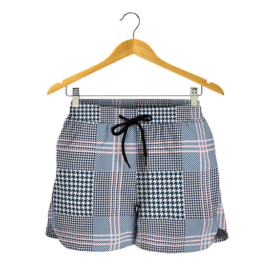 Navy And White Glen Plaid Print Women's Shorts