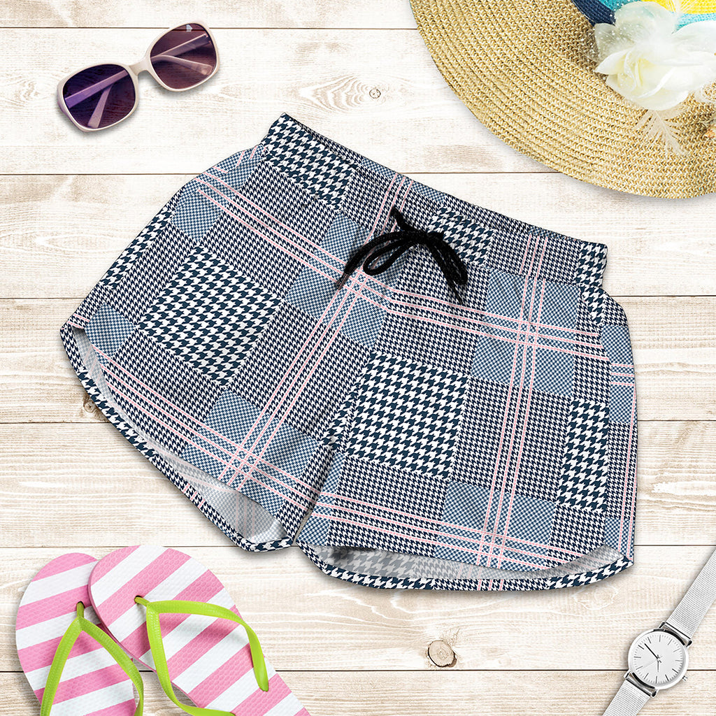 Navy And White Glen Plaid Print Women's Shorts
