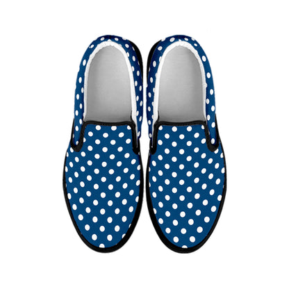Navy And White Polka Dot Pattern Print Black Slip On Shoes