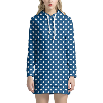 Navy And White Polka Dot Pattern Print Hoodie Dress