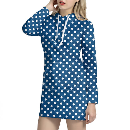 Navy And White Polka Dot Pattern Print Hoodie Dress