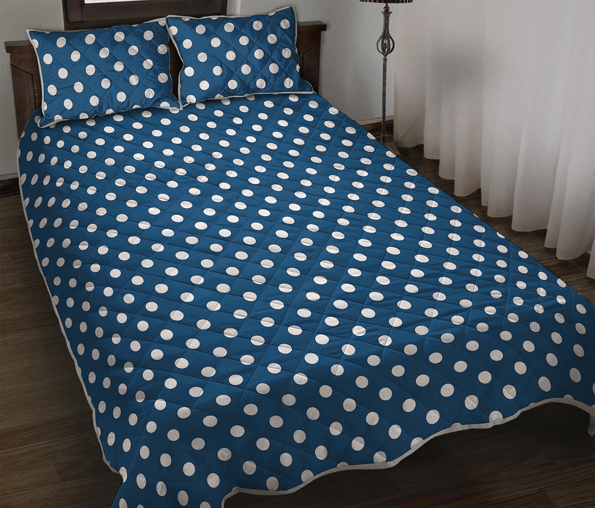 Navy And White Polka Dot Pattern Print Quilt Bed Set