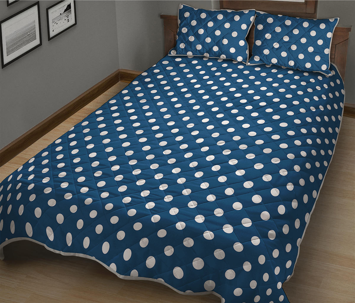 Navy And White Polka Dot Pattern Print Quilt Bed Set