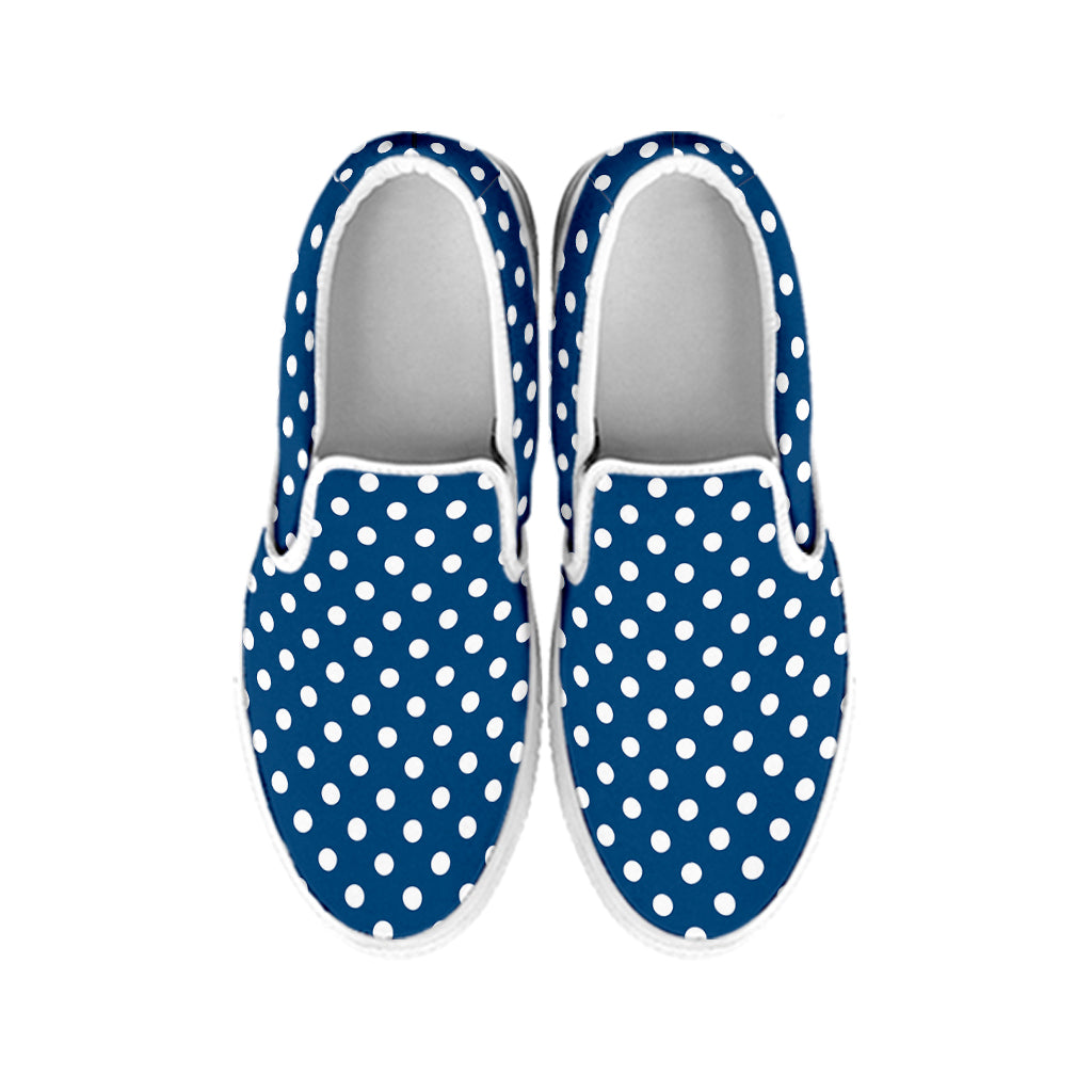 Navy And White Polka Dot Pattern Print White Slip On Shoes
