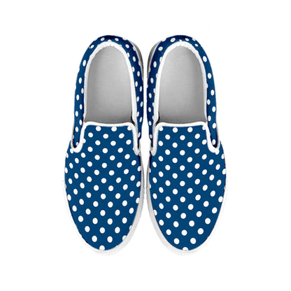 Navy And White Polka Dot Pattern Print White Slip On Shoes