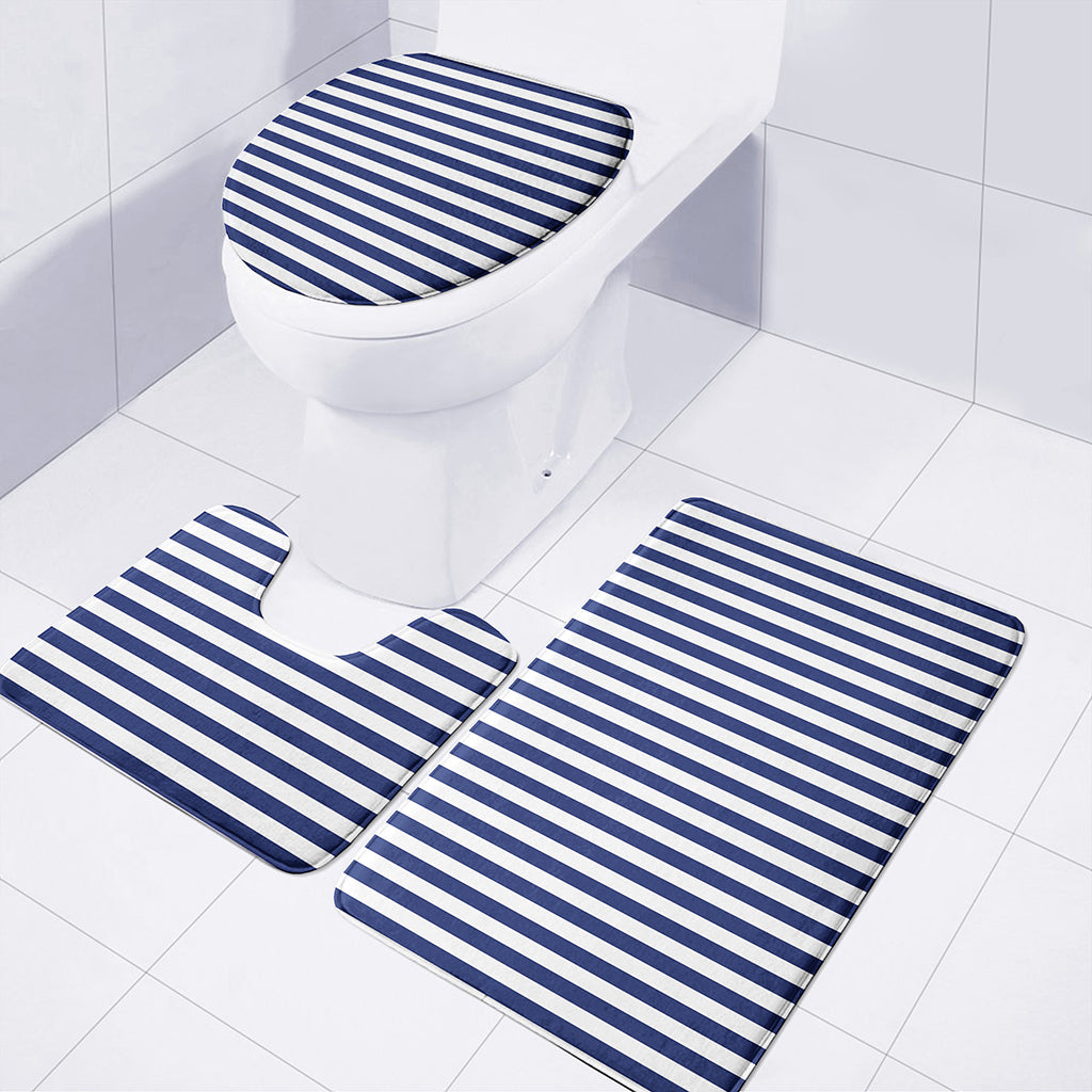 Navy And White Striped Pattern Print 3 Piece Bath Mat Set