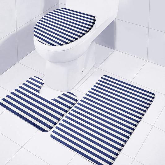 Navy And White Striped Pattern Print 3 Piece Bath Mat Set