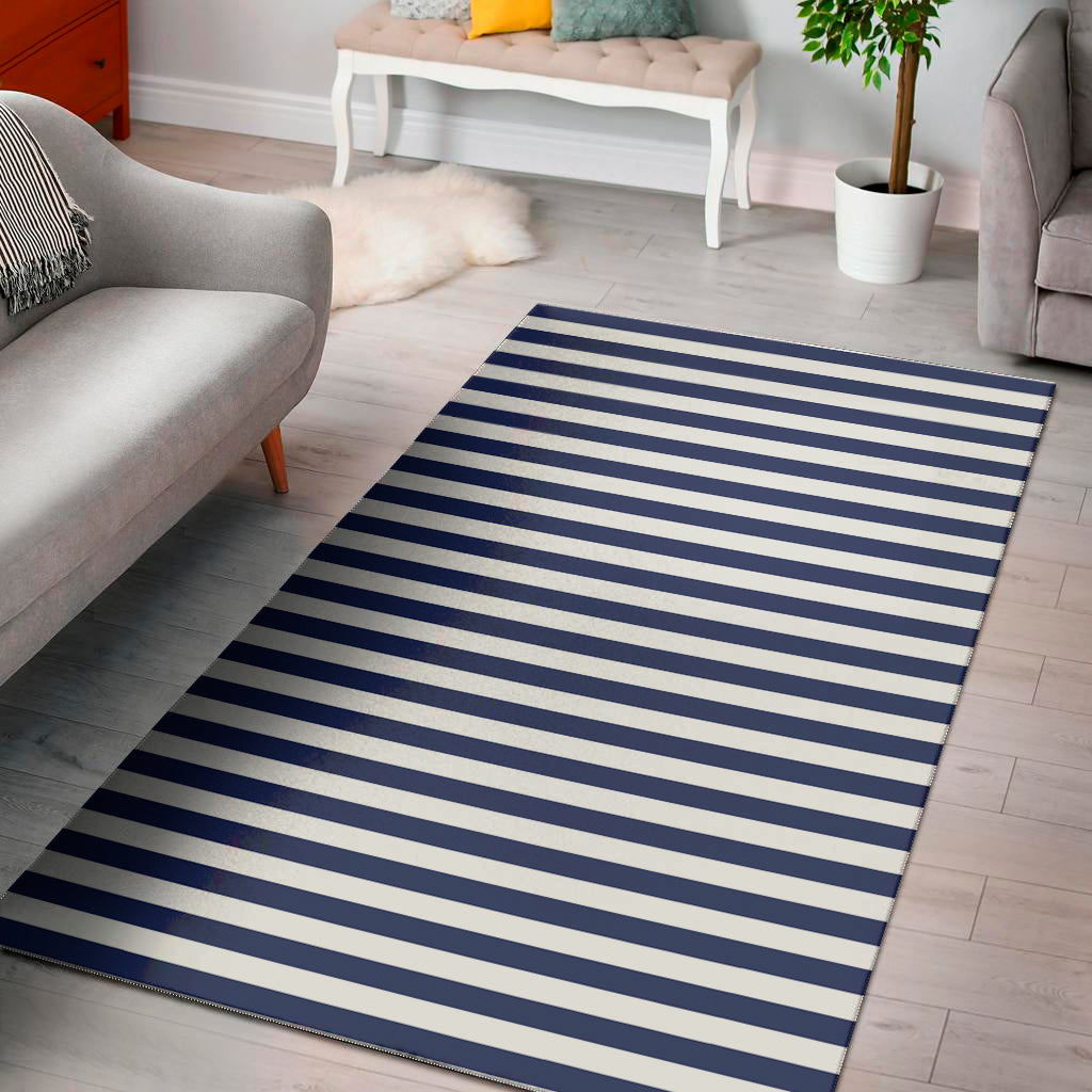 Navy And White Striped Pattern Print Area Rug