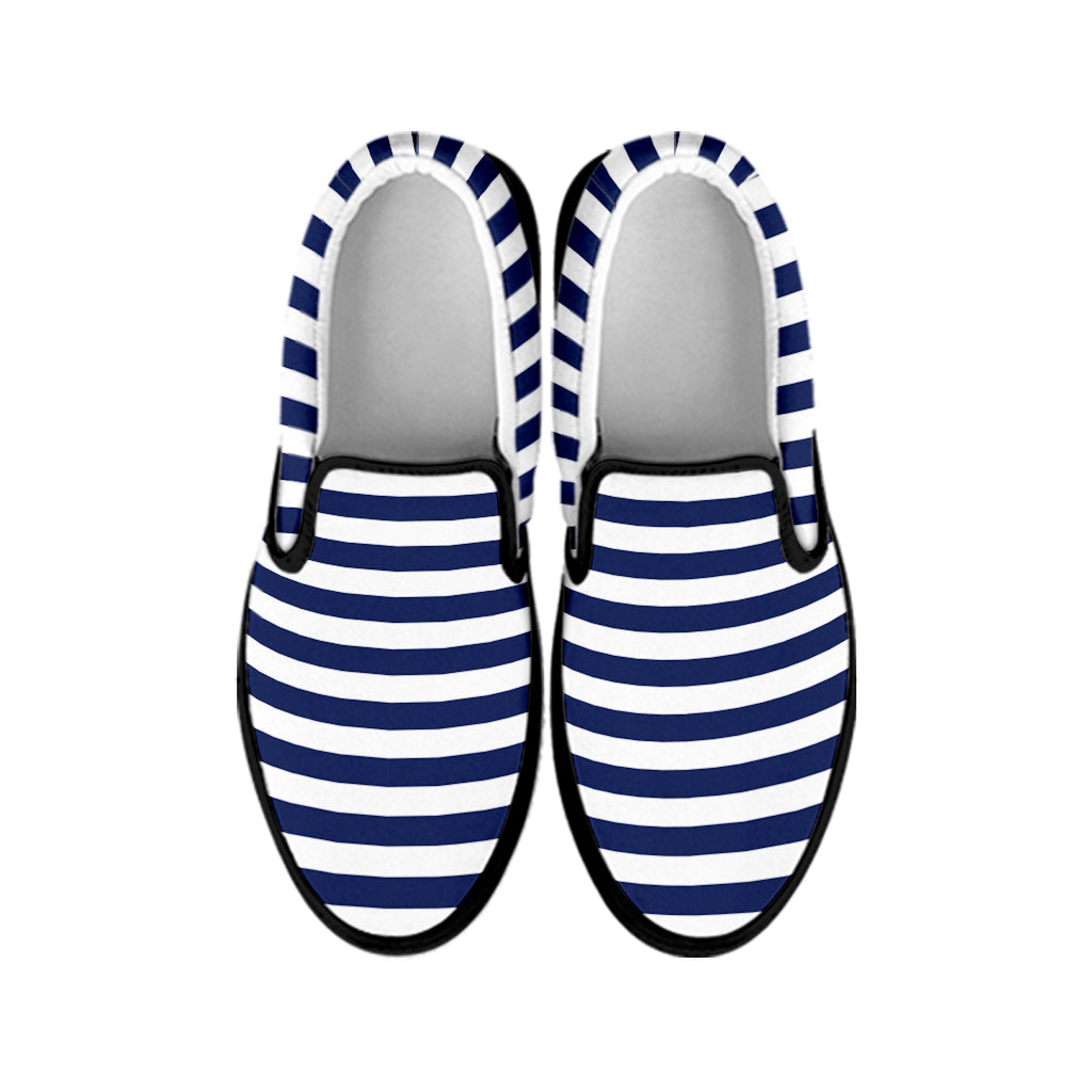 Navy And White Striped Pattern Print Black Slip On Shoes