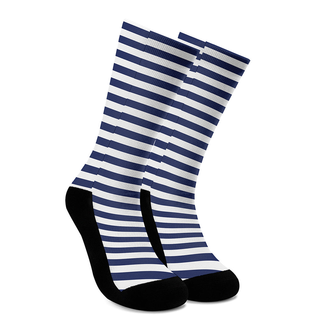 Navy And White Striped Pattern Print Crew Socks