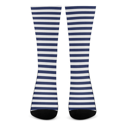 Navy And White Striped Pattern Print Crew Socks
