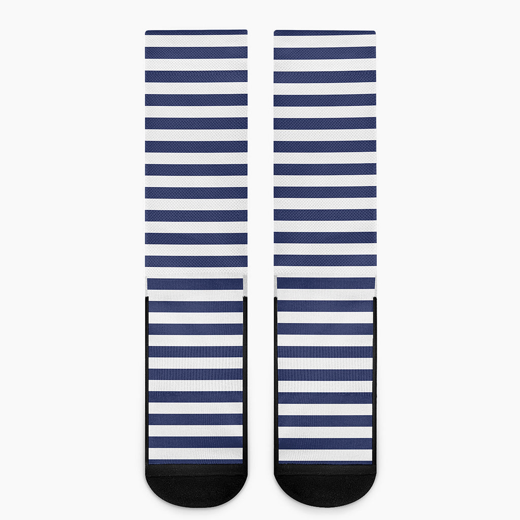 Navy And White Striped Pattern Print Crew Socks