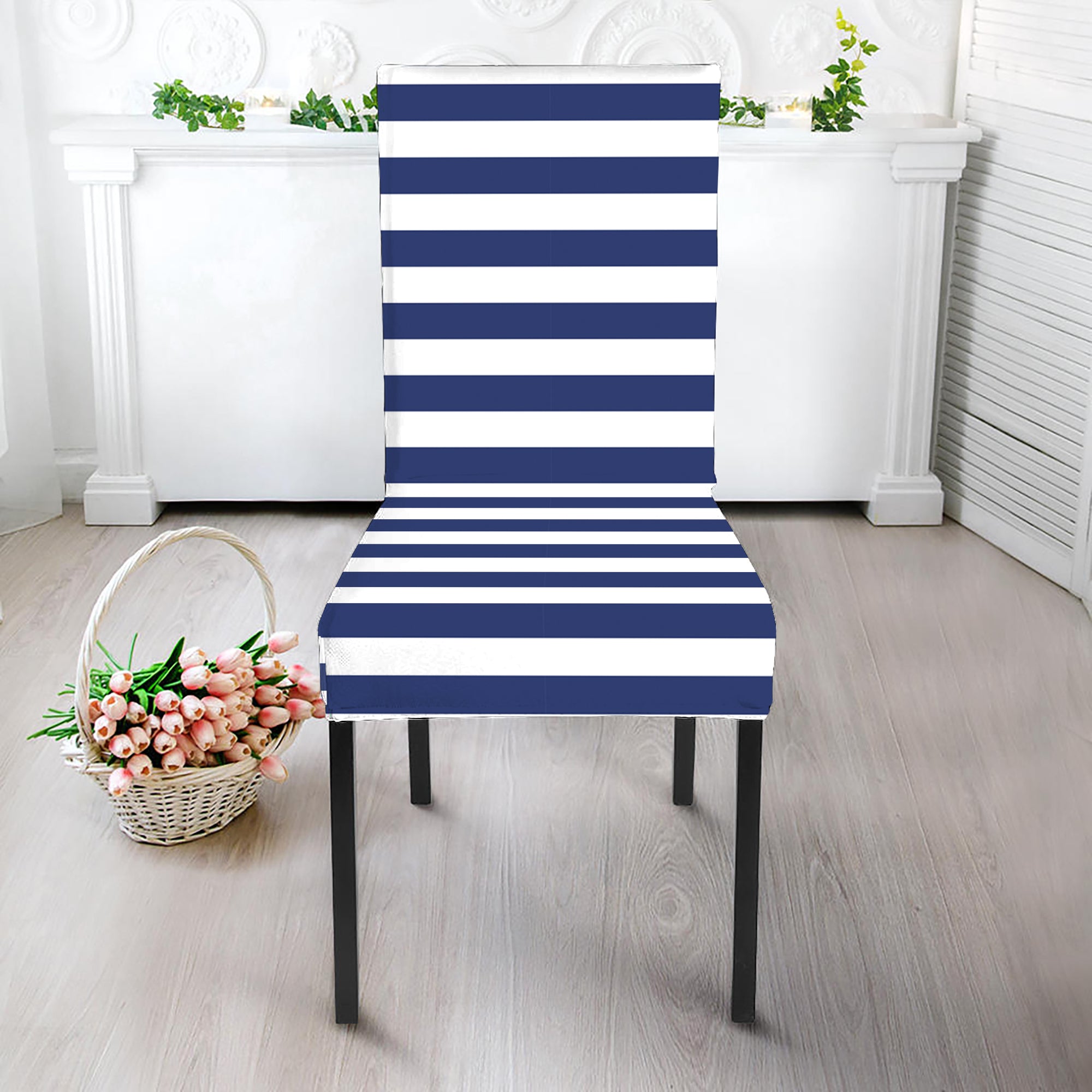 Navy And White Striped Pattern Print Dining Chair Slipcover