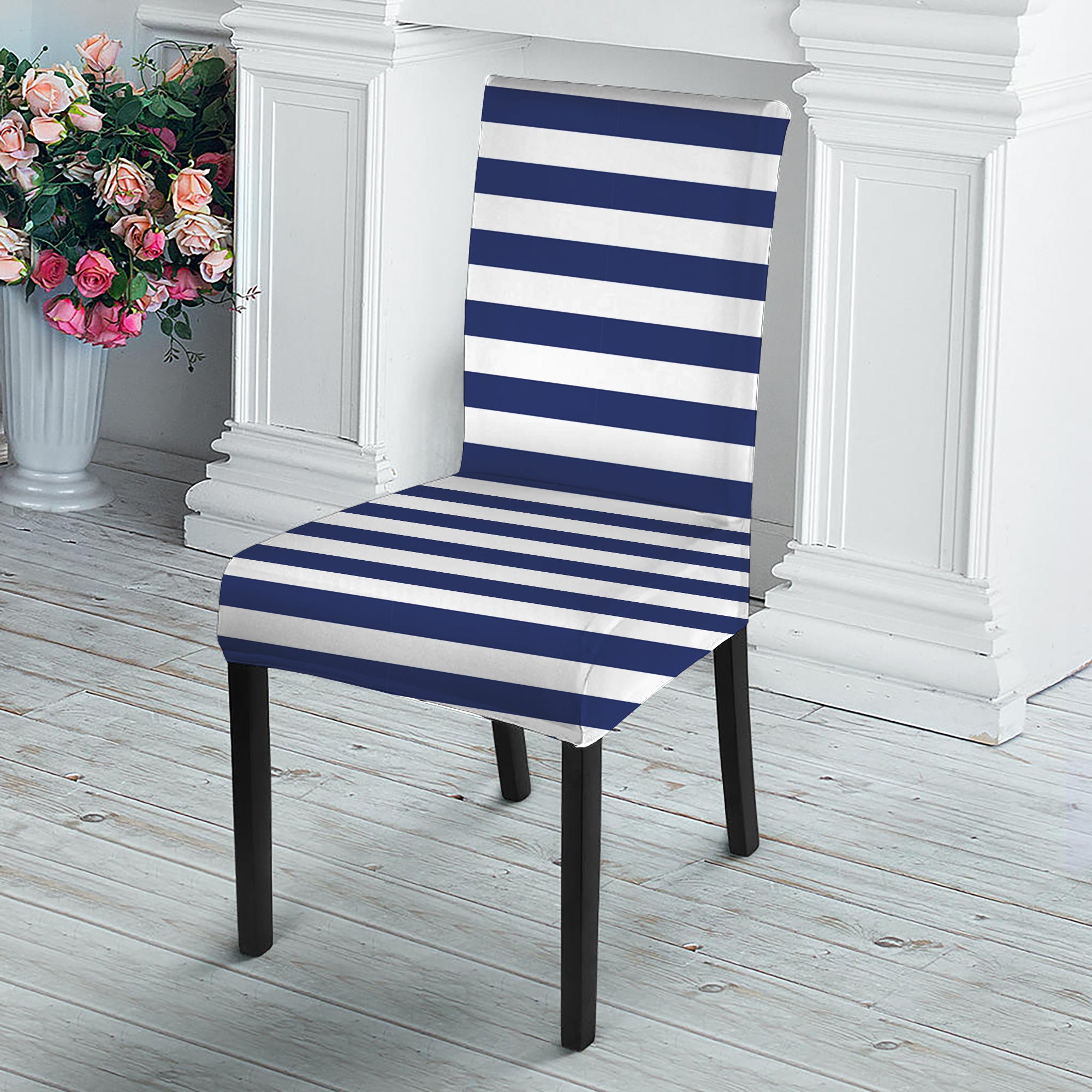 Navy And White Striped Pattern Print Dining Chair Slipcover