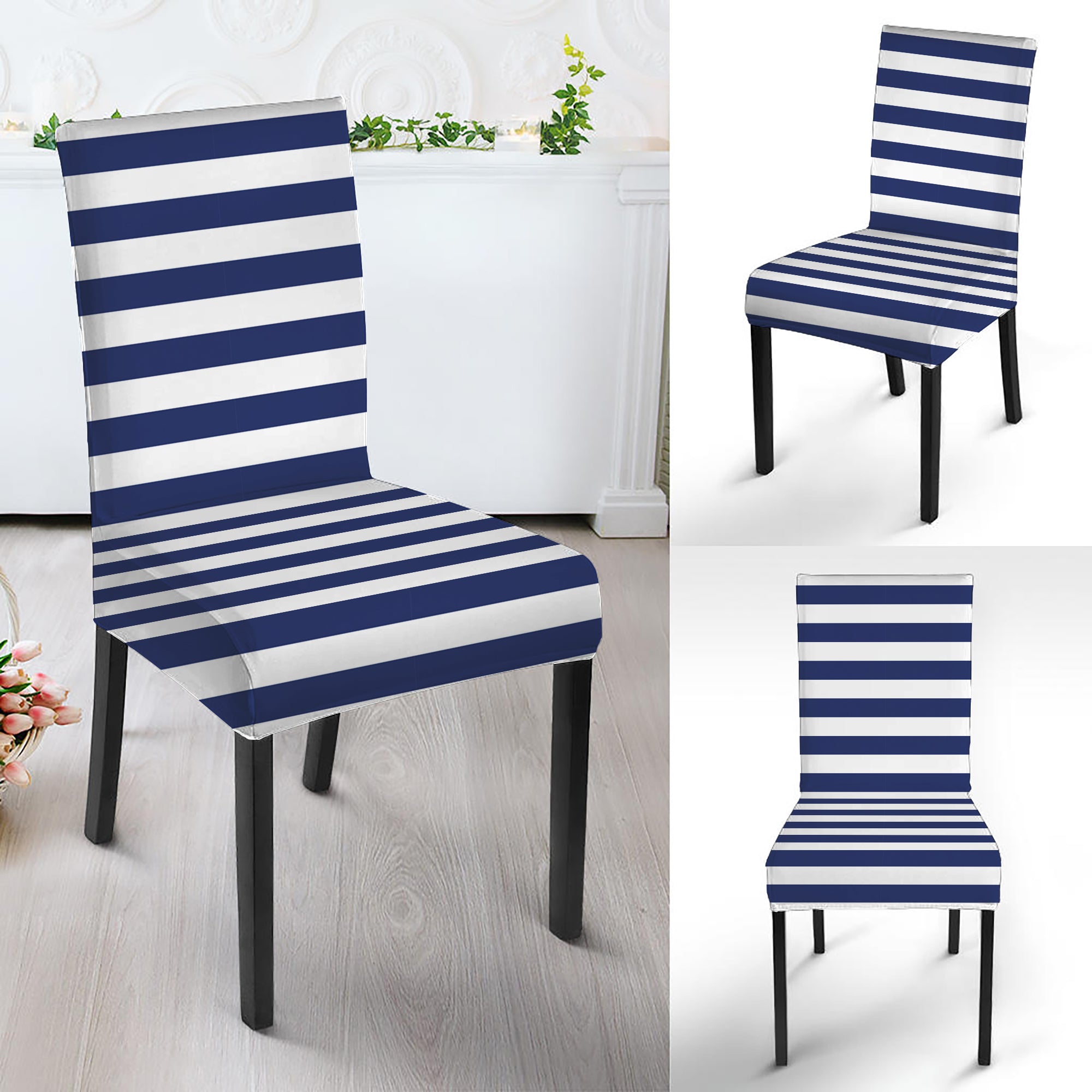 Navy And White Striped Pattern Print Dining Chair Slipcover