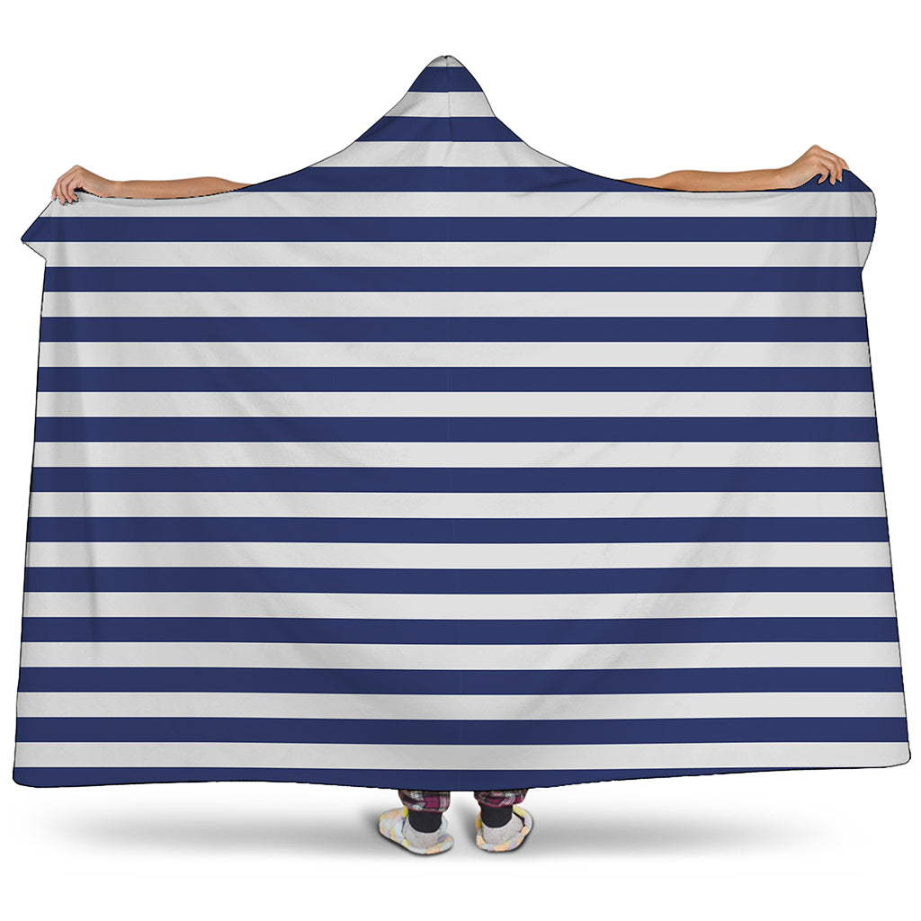 Navy And White Striped Pattern Print Hooded Blanket