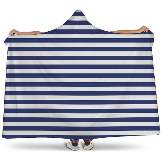 Navy And White Striped Pattern Print Hooded Blanket
