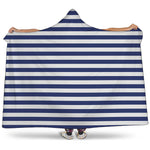 Navy And White Striped Pattern Print Hooded Blanket