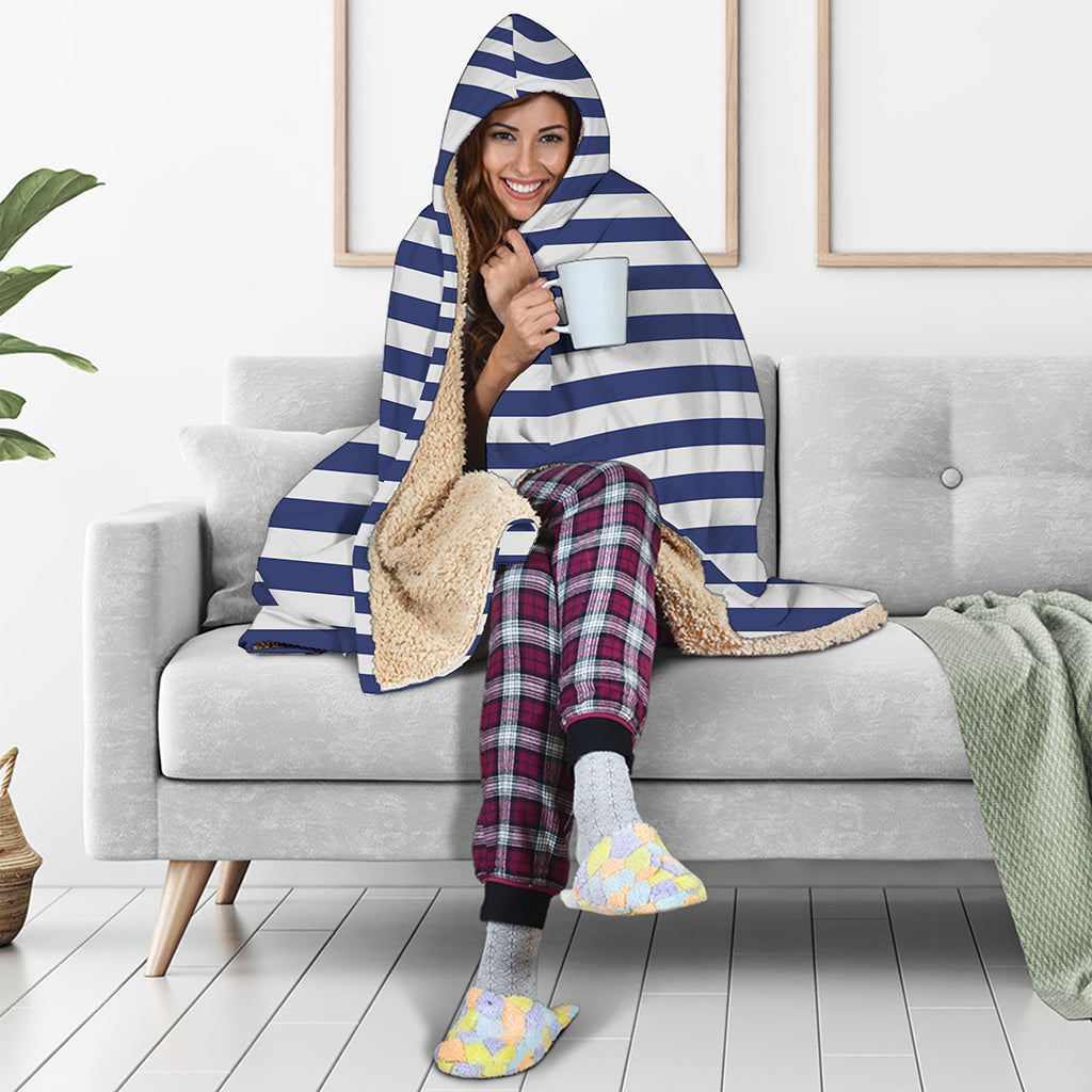 Navy And White Striped Pattern Print Hooded Blanket