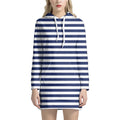 Navy And White Striped Pattern Print Pullover Hoodie Dress