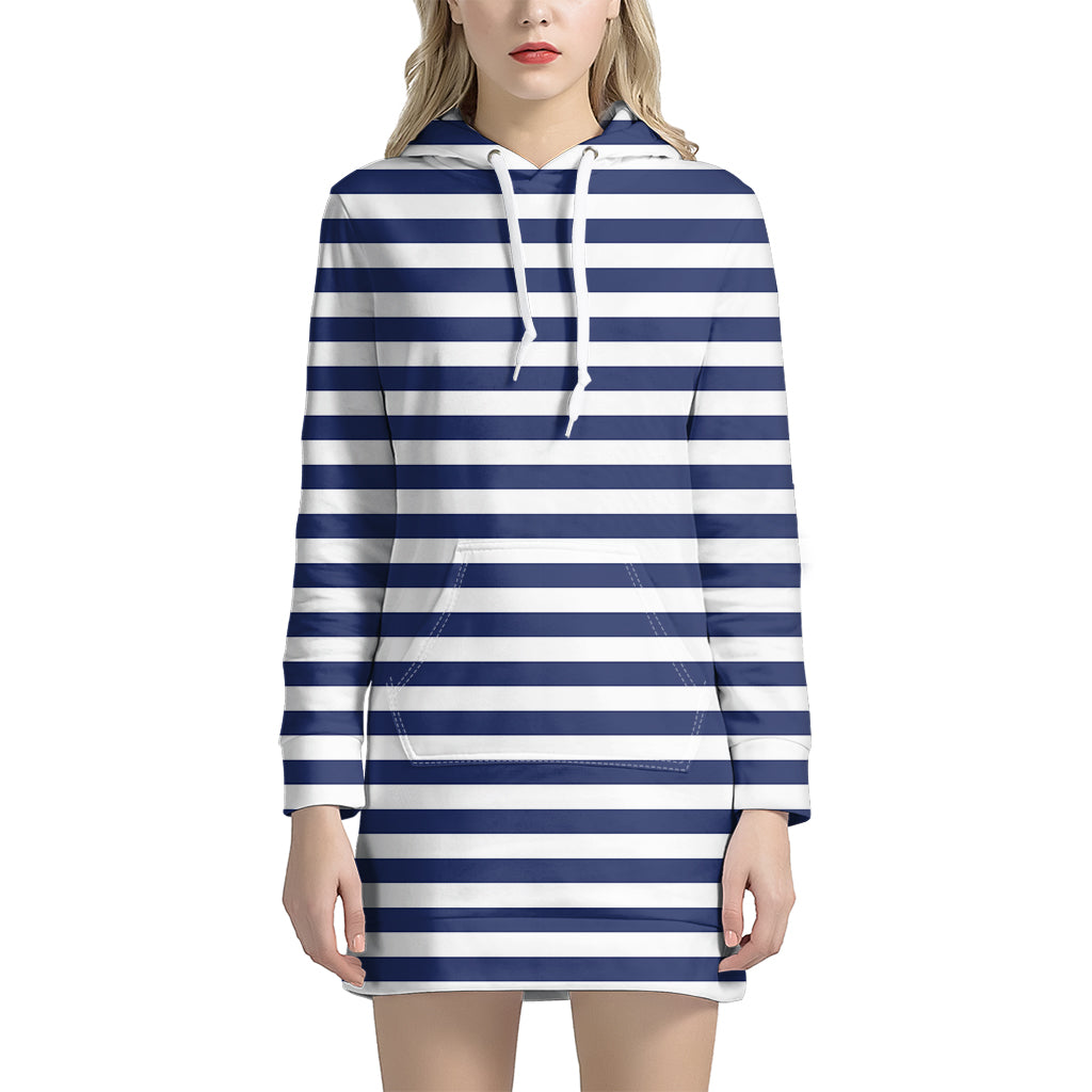 Navy And White Striped Pattern Print Hoodie Dress
