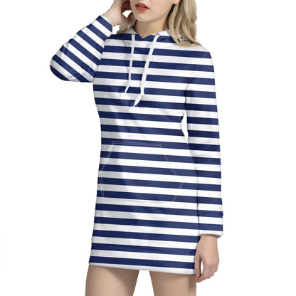 Navy And White Striped Pattern Print Hoodie Dress