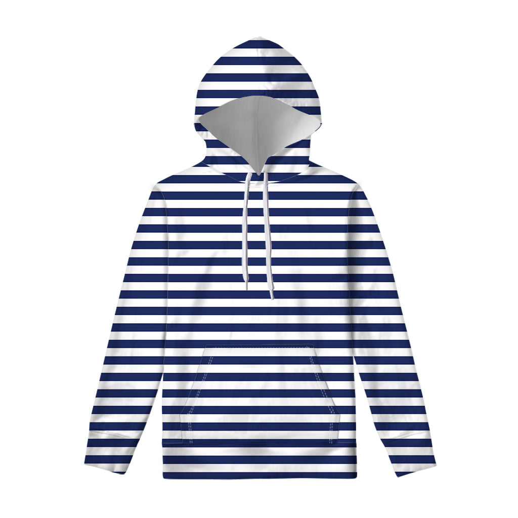 Navy And White Striped Pattern Print Pullover Hoodie