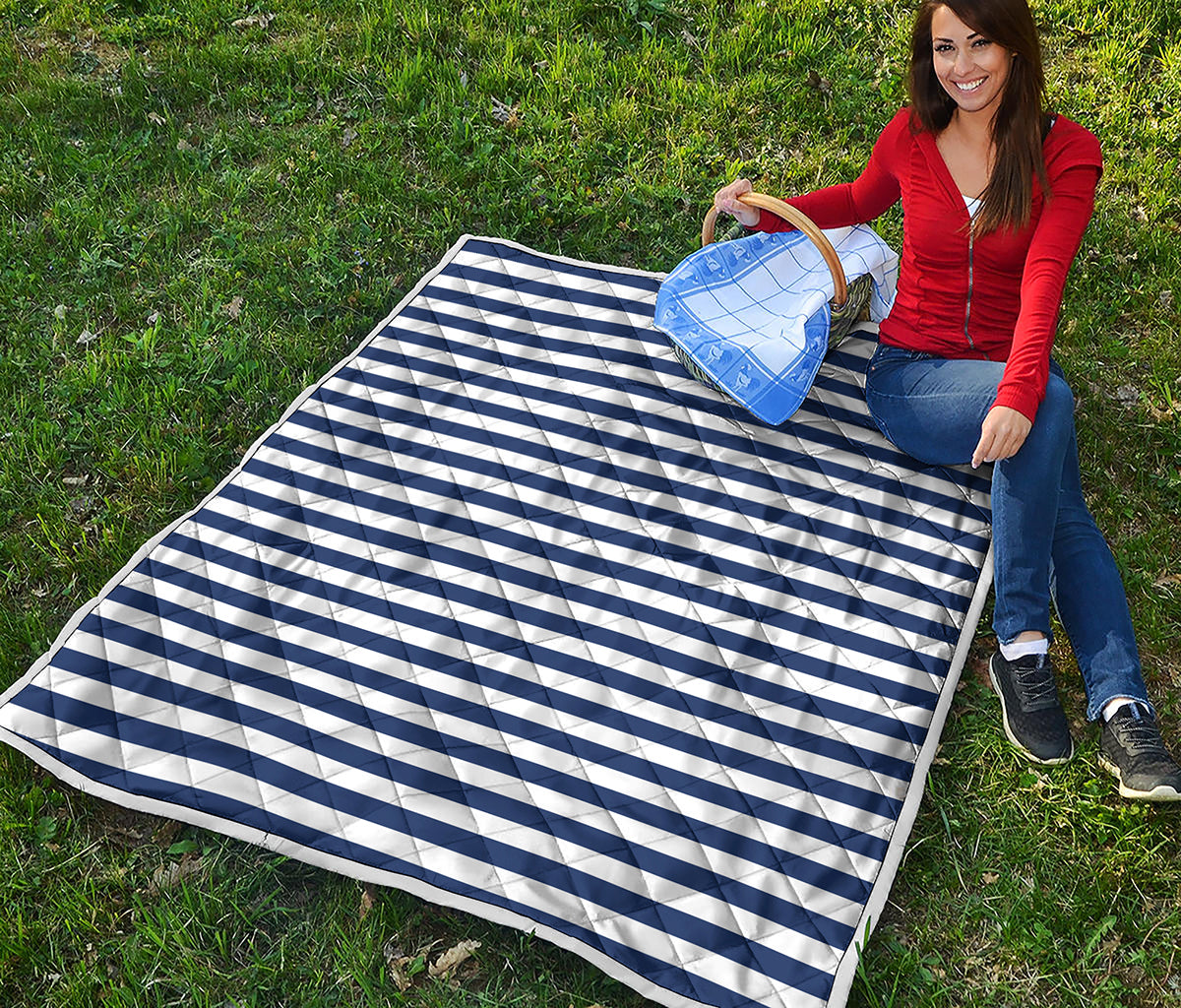 Navy And White Striped Pattern Print Quilt