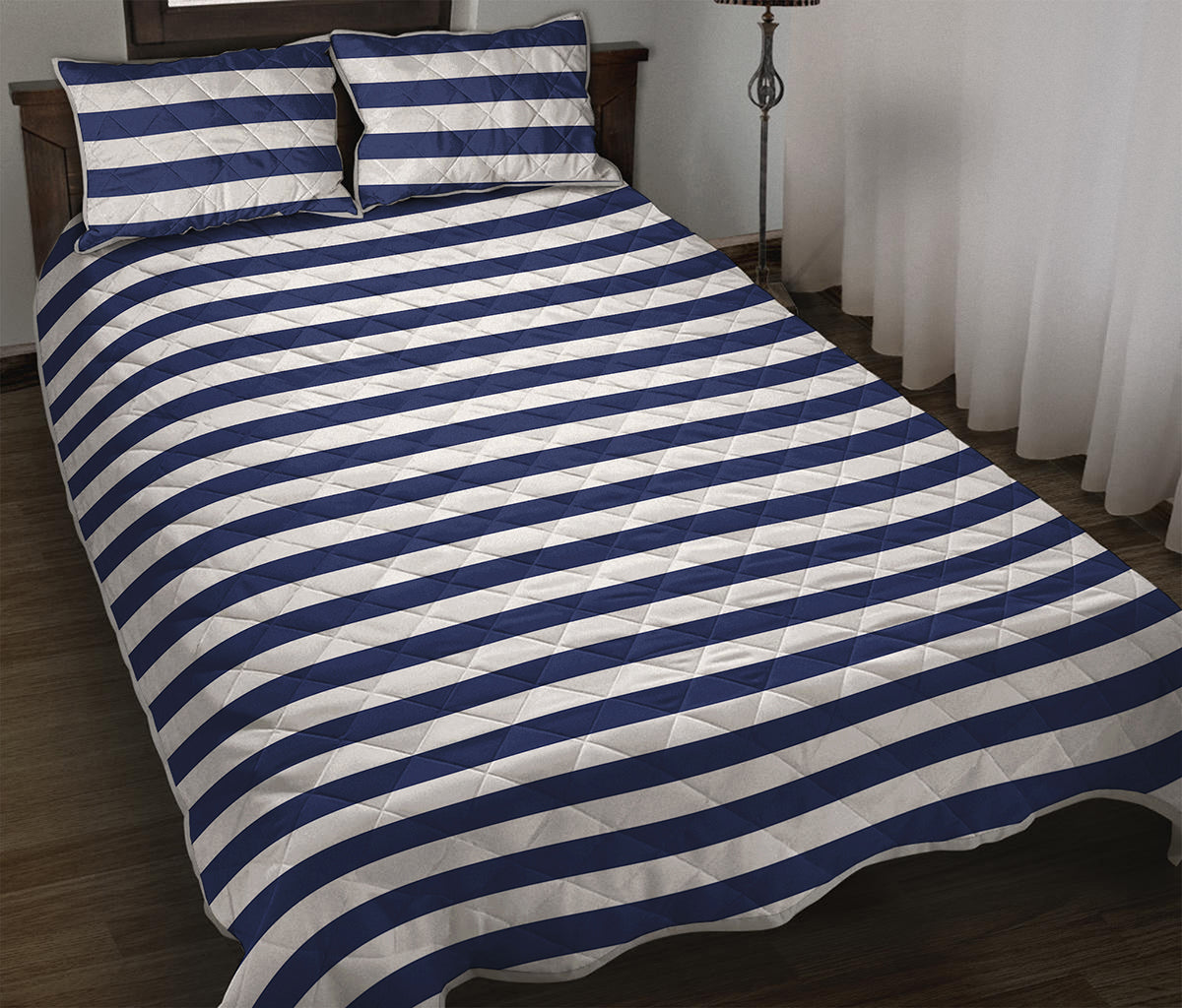 Navy And White Striped Pattern Print Quilt Bed Set