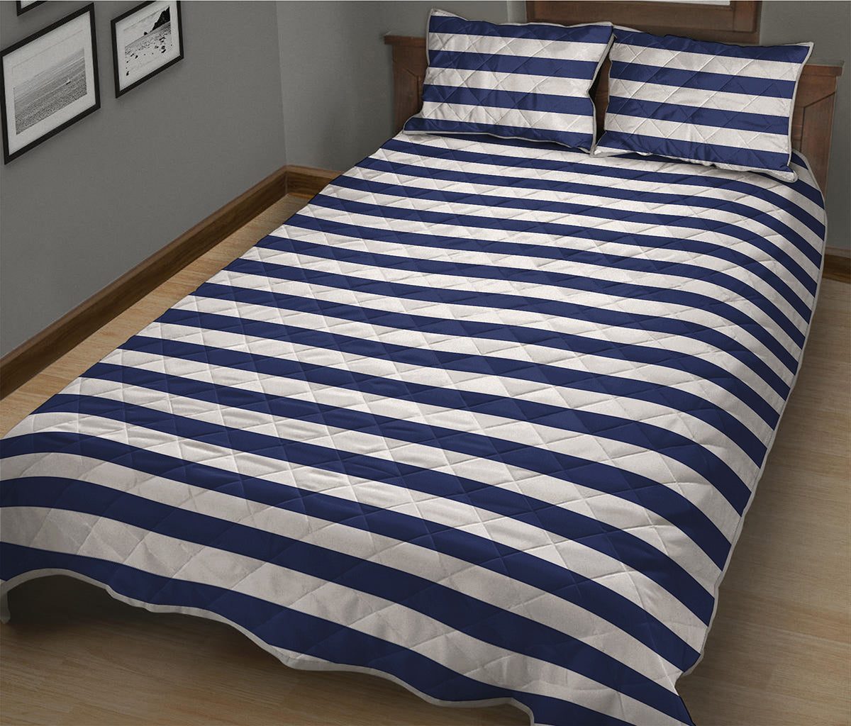 Navy And White Striped Pattern Print Quilt Bed Set