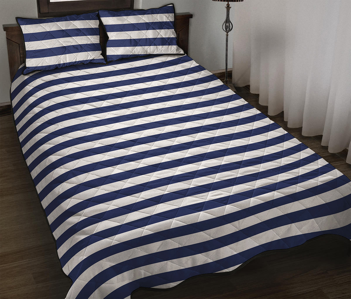 Navy And White Striped Pattern Print Quilt Bed Set