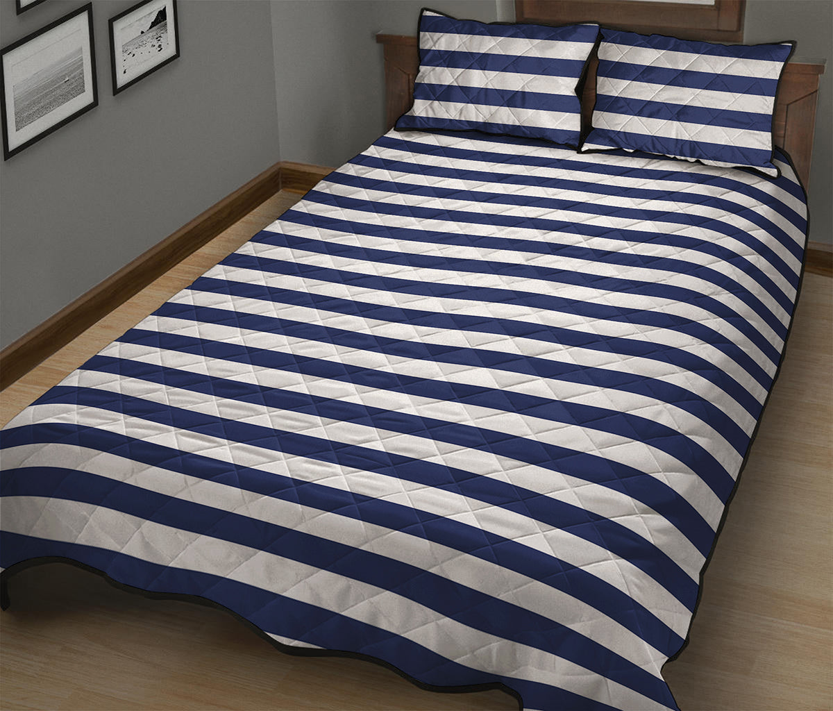 Navy And White Striped Pattern Print Quilt Bed Set